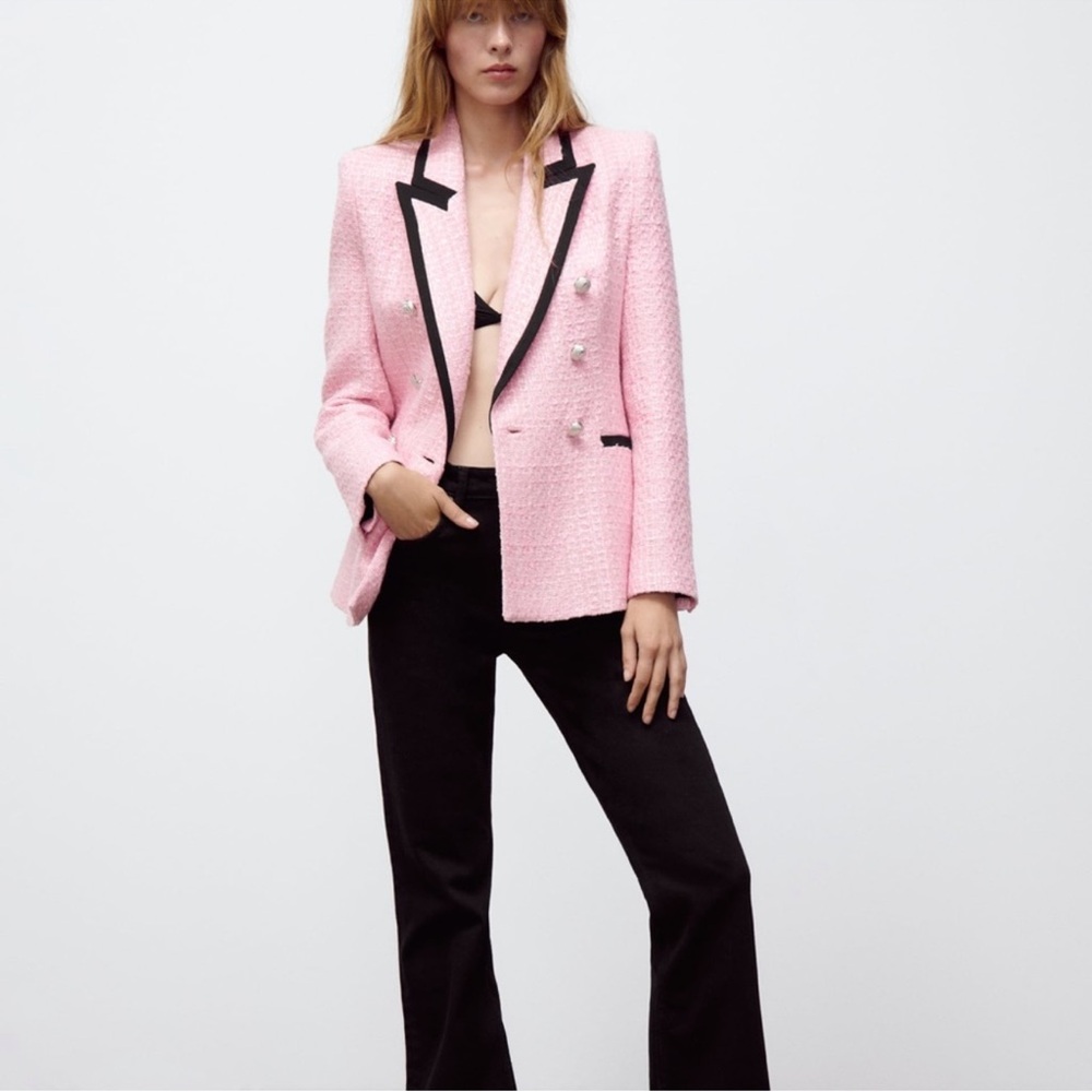 Zara Pink Tweed Blazer with Black Trim and Gold Buttons